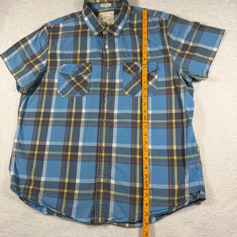 American Eagle Plaid Shirt Mens XL Blue Vintage Fit Short Sleeve Button Down